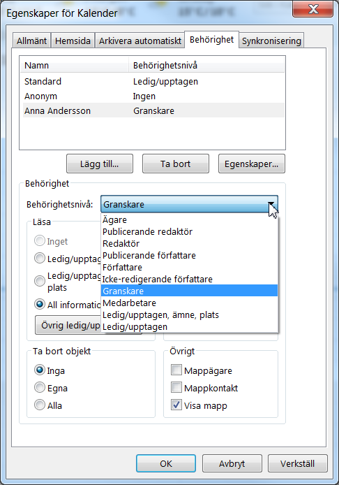 Dela kalendrar Alternativ 2 - Kalenderbehörigheter 1. Klicka på knappen Kalenderbehörigheter 2. Fliken Behörighet 3. Knappen Lägg till 4. Lägg till en eller flera kollegor i listan 5.