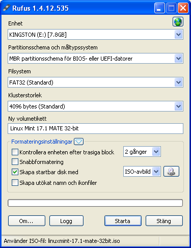 akeo.ie. Sätt i USB-minnet. Starta Rufus.