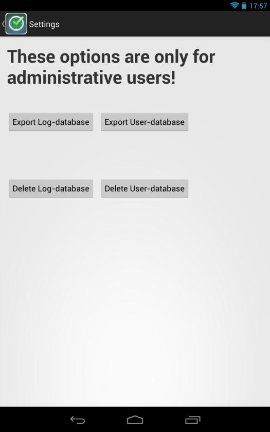 Figur 4. Användar-och databashanteringsvyn från applikationen Om användaren från huvudvyn öppnar rullgardinsmenyn och väljer Settings öppnas databashanterings-vyn, som kan ses nedan i figur 5.