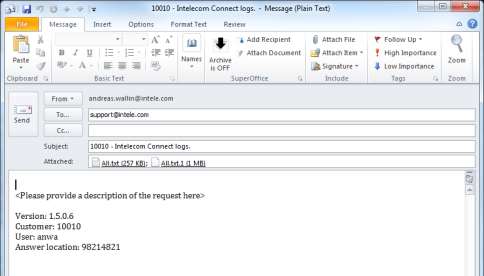 Skicka loggar Om du klickar på Skicka loggar öppnas e-postprogrammet med ett nytt e-postmeddelande som är adresserat till Intelecoms support och har