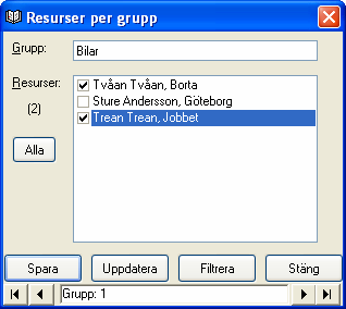 Koppla För att kunna använda en grupp måste man tala om vilka resurser som ska ingå (vara medlemmar) i gruppen. Detta görs i huvudfönstret via menyvalet Visa Kopplingar Resurs Grupp.