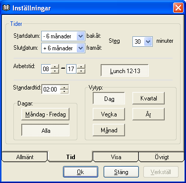 Figur: Inställningar, flik tid Arbetstid, som anger vilka timmar som ska synas i huvudfönstret i dagvy och används även för kontroll av övertid, m.m. Som standard är den inställd på 08:00 till 17:00 (normal arbetstid).