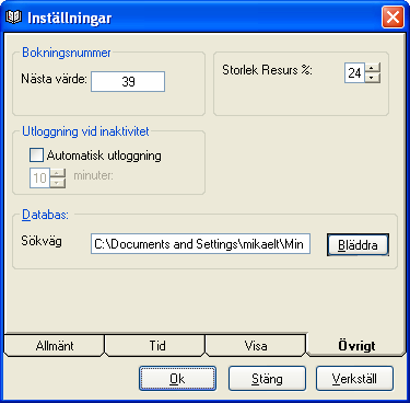 Figur: Inställningar, flik övrigt Utloggning vid inaktivitet användas som säkerhet för att automatiskt logga ut en användare som inte har rört sitt tangentbord eller mus under den stipulerade tiden.