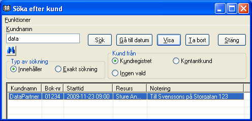 När man har angivit bokningsnummer, klickar man på Sök och programmet visar de eventuella bokningar och/eller preliminära bokningar som finns för det sökta bokningsnumret.