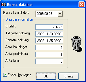 Rensa databas Efter en tids användning av Resurs kommer det att finnas många bokningar i databasen.