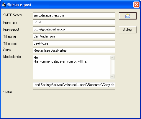 Figur: Skicka databas med e-post Import och export För de register som finns i Resurs kan man importera och exportera data. Detta är till för att underlätta informationsutbyte med andra system.