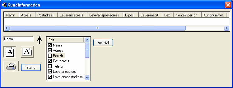 Figur: Utskrift av kundregister Man kan även välja om man vill ha utskriften stående eller liggande. Klicka på knapparna med symbolerna på som finns till vänster.