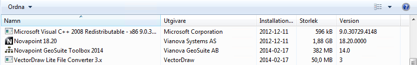 14. Under kontrollpanelen Installerade program finns det nu två nya installationer a. Novapoint GeoSuite Toolbox och b.