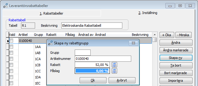 Rabatt på artikelnummer Rabatt/Påslag i tabell på artikelnummer. Tidigare har rabatter endast kunnat anges per artikelgrupp eller rabattgrupp.