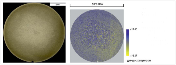 Noterat utifrån Bild 12 visar variationer i Mn- och Cr-halt tvärs valsriktningen för ett prov med reduktionsgraden 134:1.