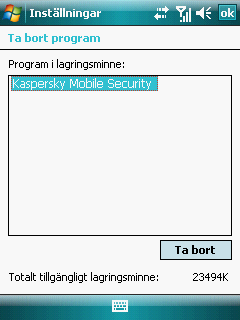 K A S P E R S K Y M O B I L E S E C U R I T Y 9. 0 F Ö R M I C R O S O F T W I N D O W S M O B I L E b. Välj Ta bort program på fliken System (se bild nedan). Bild 70: Fliken System c.