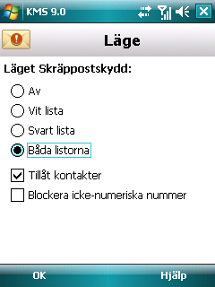 K A S P E R S K Y M O B I L E S E C U R I T Y 9. 0 F Ö R M I C R O S O F T W I N D O W S M O B I L E 3. Välj värde för inställningen Skräppostskydds läge (se bild nedan).