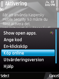 K A S P E R S K Y M O B I L E S E C U R I T Y 9. 0 F Ö R S Y M B I A N OS INHANDLA AKTIVERINGSKOD ONLINE För att köpa en aktiveringskod för programmet online: 1. Öppna enhetens huvudmeny. 2.