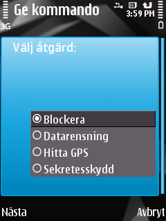 K A S P E R S K Y M O B I L E S E C U R I T Y 9. 0 F Ö R S Y M B I A N OS 3. Välj kommandotypen Blockera och klicka Nästa (se bild nedan). Bild 41: Blockering av enhet på distans 4.