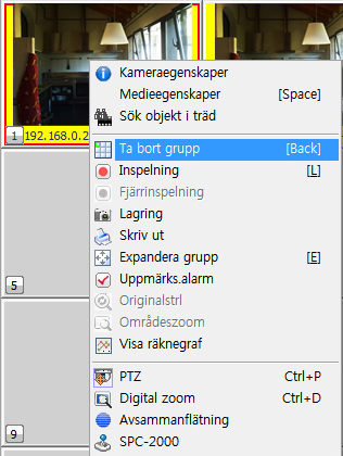 Live Viewer Ta bort den valda gruppen 1. Välj en grupp att ta bort. 2. Du kan använda följande metoder för att radera gruppen: - Från menyfältet väljer du [Grupp] > [Ta bort (vald)].
