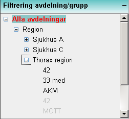 13 (29) Förvalt är alltid alla avdelningar valda. Genom att klicka på ett +tecken stegar man sig ner till nästa nivå i strukturen.