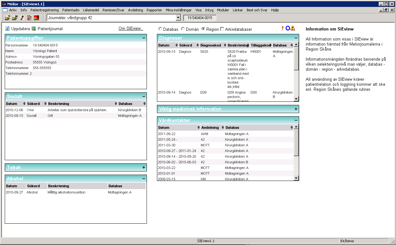 5 (29) 2 Patientöversikten Patientöversikten innehåller patientens vårdkontakter samt informationen hämtad från sökord i Melior-journalen exempelvis diagnoskoder, varningar, anamnesuppgifter mm.