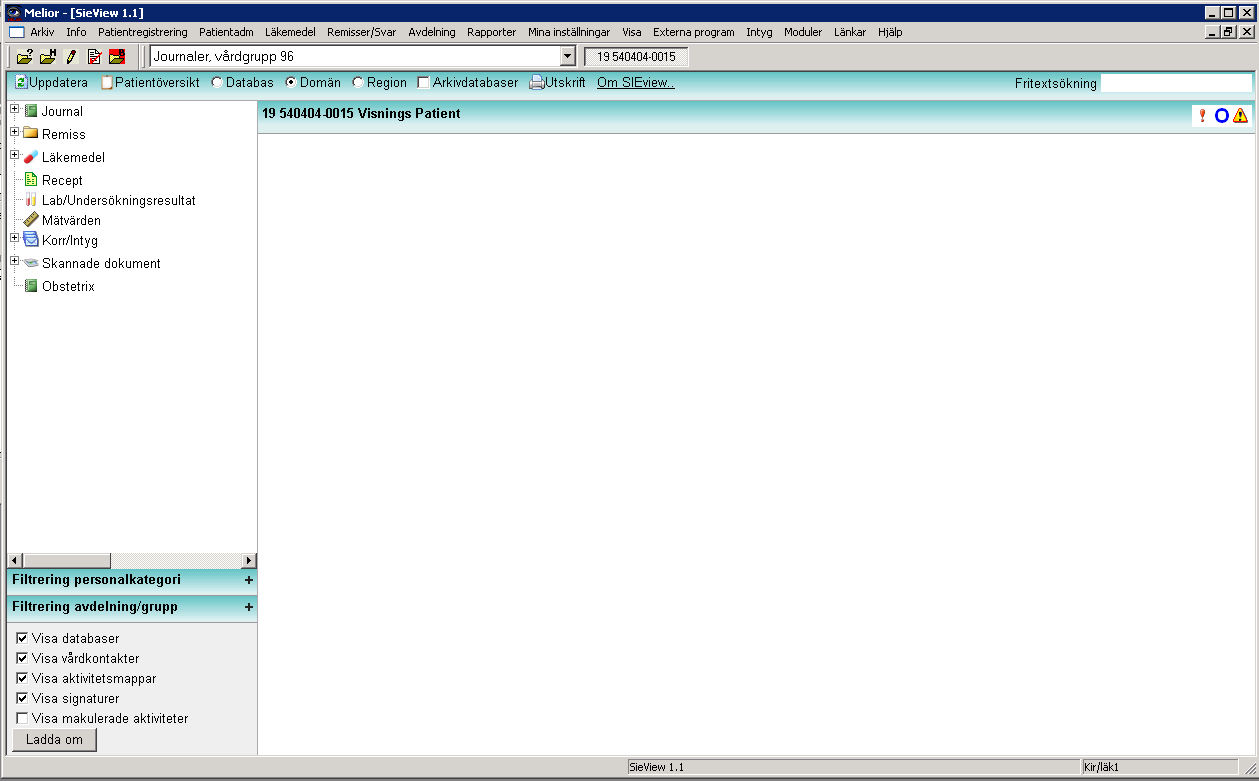 9 (29) 3 Patientjournalen Patientjournalen är en vy som visar upp all information som finns i patientens journal utifrån den söknivå (Databas, Domän eller Region samt Arkivdatabas) som valts.