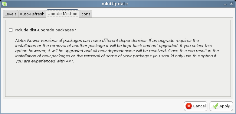 Fliken Auto-Refresh låter dig definiera hur ofta MintUpdate letar efter updateringar. Fliken Update Method låter dig definiera om MintUpdate ska installera nya beroenden eller inte.