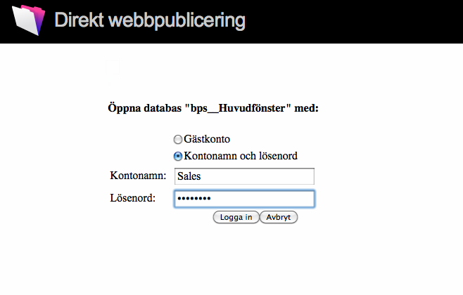 Kapitel 3 Arbeta med FileMaker-databaser på webben 19 Öppna databasen genom att klicka på filnamnet På Startsidan visas filer som delas med Direkt webbpublicering Logga in i en fil När webbanvändare