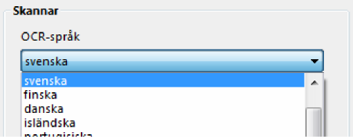 Skanningsspråk Du kan ändra inställningarna för OCR-behandlingen (OCR står för Optical Character Recognition eller på svenska' optisk teckenigenkänning). Det är som standard satt till svenska.