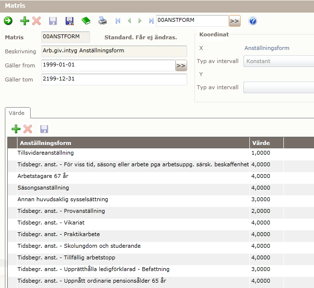Arbetsgivarintyg Underlagsuppgifter» Ny matris» 00ANSTFORM» Arb.giv.intyg» Anställningsform»» Används för att ange» huraktuella anställningsformer ska» markeras i avsnittet Anställningsform» på rapporten Arbetsgivarintyg.