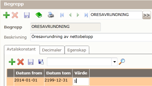 Öresavrundning av nettobelopp Ny funktionalitet» Ny löneart 9985 Öresavrundning» Avtalskonstant ORESAVRUNDNING Öresavrundning av nettobelopp» Anger om avrundning av nettobelopp skall ske på art 9985»