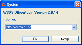 W3D3 System När man använder Microsoft Word, Excel eller PowerPoint för att hämta och skicka information till W3D3 måste den applikationen få information om vilket system man ämnar arbeta med.