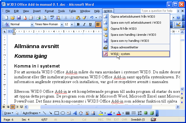 Bild 1 W3D3s meny visad i Microsoft Word med valet
