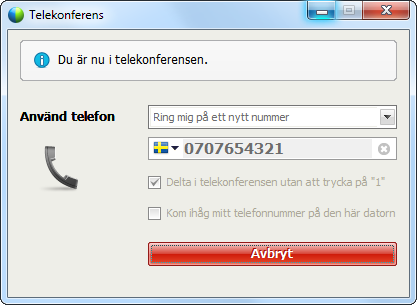 Kom-igång-guide för värd 14 6 7 Ovanpå fönstret ligger dialogrutan för telekonferens. Skriv in det telefonnummer som du vill bli uppringd på. Klicka på knappen Ring mig. 6 Tips!