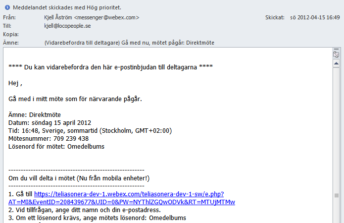 Kom-igång-guide för värd 15 Starta ett Ett-klick-möte 1 Starta Microsoft Outlook. Klicka på verktygsknappen Ett-klick-möte. 1 2 Tjänsten skapar ett möte och öppnar snabbstartsidan i helskärmsläge.