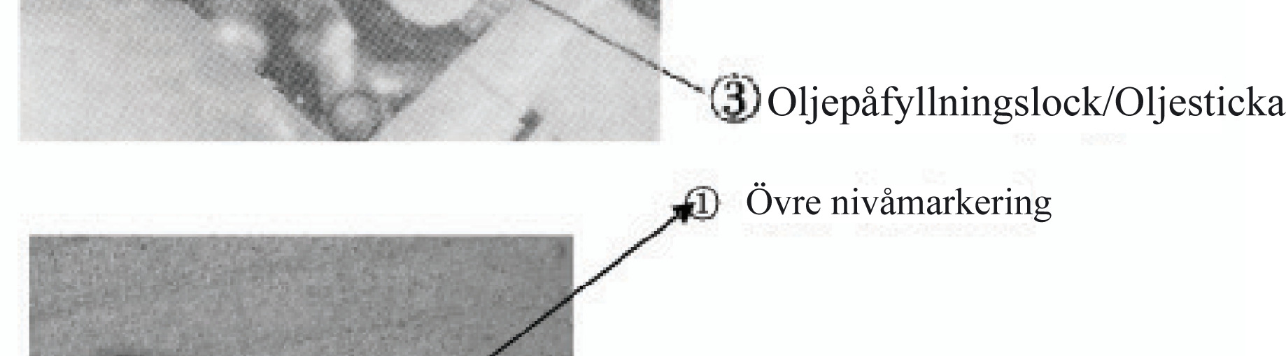 KONTROLL OCH BYTE AV MOTOROLJA Kontroll av oljenivån Kontrollera motoroljans nivå före varje åktur. Nivån ska vara mellan övre och undre markeringarna på oljestickan. 1.