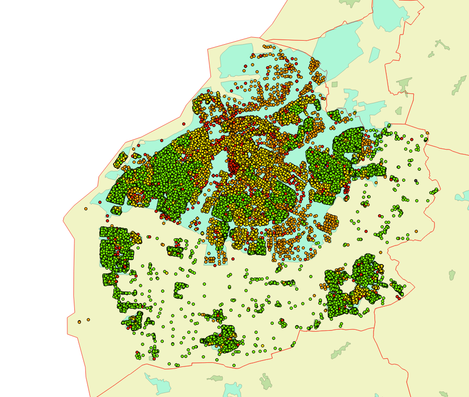 Fig 8: Exempel på data från en kommun. Symbolerna representerar en fastighet. De olika färgerna anger typ av fastighet så som villa, hyreshus, offentlig verksamhet eller företag.