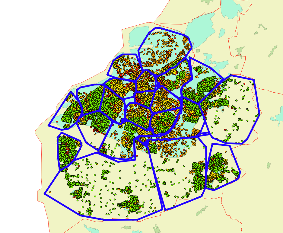 Fig 9: Exempel på hur stationsområden (markerade med mörkare blå linjer) har placerats ut över en kommuns lämnade data och SCBs information om områdestyper.