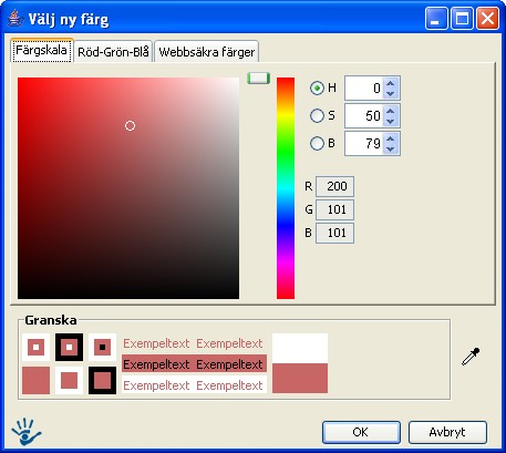 På fliken Färgskala kan man välja färg genom att klicka med musen över den stora rutan till vänster tills man hittar en färg man vill ha. Den aktuella färgen visas under Granska.