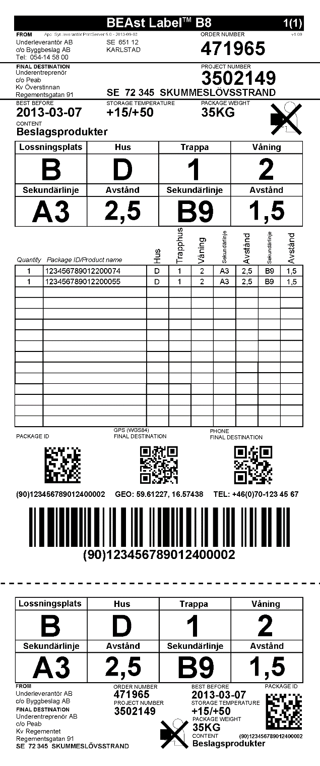 4.3 BEAst Label B Exempel på etiketterna B7 och B8 med sju respektive åtta destinationsfält samt plats för uppgifter