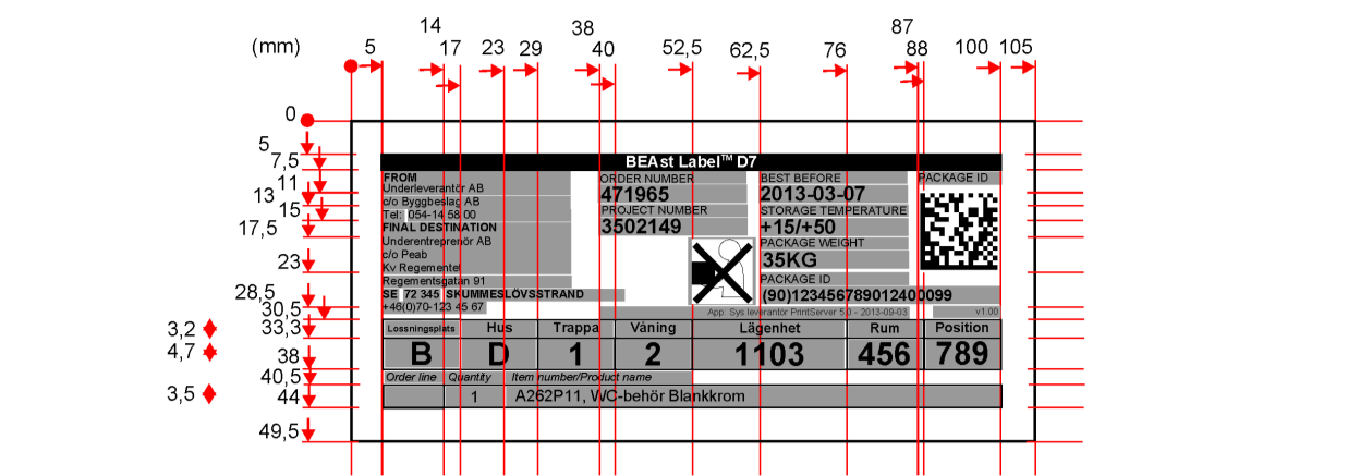 Linjer Linjer som skapar tabeller på etiketten har en linjetjocklek om 0,25 mm. Textorientering All text på BEAst Label D är vågrät.