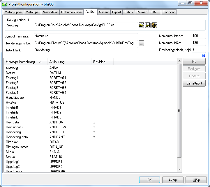 Attribut Här kopplas attribut från ett AutoCAD-block ihop med metadata. Det används för att projektören skall kunna kommunicera metadata mellan ritningen och Chaos desktop. T.ex.