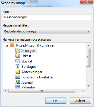 Organisera Inkorgen - Mappar Mappar För att strukturera lagringen av din e-post kan du skapa mappar och undermappar i Inkorgen eller i annan lämplig mapp. Skapa mappar 1.