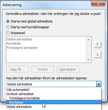 Kontakter - Adressboken Adressboken Öppna adressboken genom att klicka på knappen Adressbok på menyfliken Start eller genom att klicka på knappen Till i ett nytt mail Här kan du välja den Globala