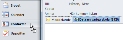 - Vidarebefordra kontakter och distributionslistor Skicka kontaktgrupp (distributionslista) 1. Skapa ett nytt brev 2. Klicka på knappen Bifoga objekt 3. Välj Outlook-objekt 4.