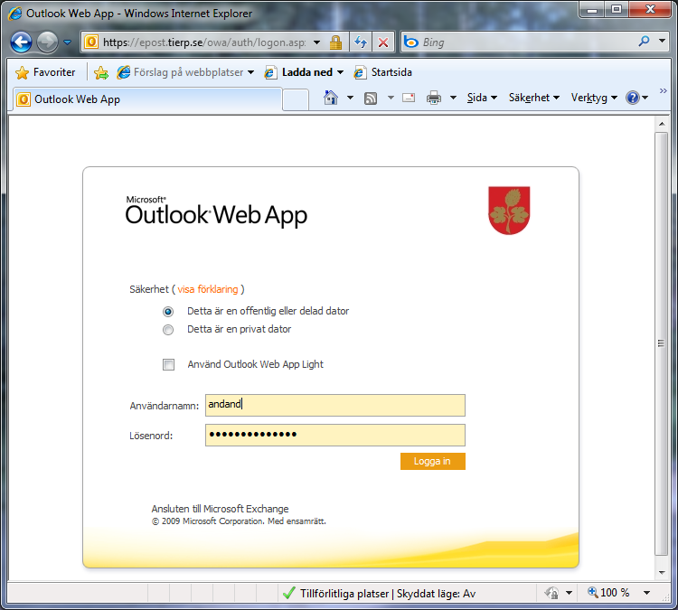 Outlook Webmail Inloggning För att komma åt din webmail gör du som tidigare, startar din webläsare och skriver "epost.tierp.se" i adressfältet.
