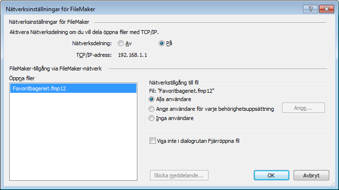 Kapitel 5 Dela och utbyta data 118 3. I dialogrutan Nätverksinställningar för FileMaker aktiverar du tillvalet Nätverksdelning genom att klicka på På. Vid TCP/IP-adress visas systemets TCP/IP-adress.