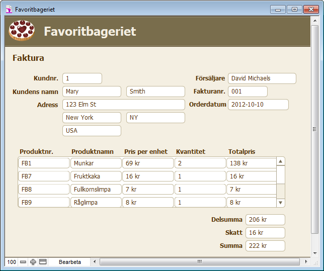 Kapitel 3 Skapa databaser 58 Försäljningsrapport Kvantitet Totalpris Försäljare Artikel David Michaels FB3 1 299 kr David Michaels FB4 1 322 kr David Michaels FB1 2 739 kr David Michaels FB5 3 988 kr