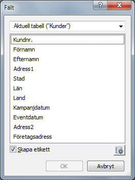 Kapitel 3 Skapa databaser 87 3. Välj sedan fältet som du vill placera i dialogrutan Fält.