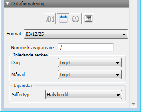 Kapitel 3 Skapa databaser 92 1. Växla till layoutläget och markera ett eller flera datumfält eller beräkningsfält med ett datumresultat. 2. Klicka på Granskare i layoutlisten. Klicka sedan på Data. 3. I dataformateringsområdet klickar du på Datum.