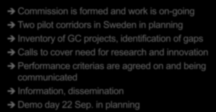 To summarize: Commission is formed and work is on-going Two pilot corridors in Sweden in planning Inventory of GC projects, identification of gaps Calls