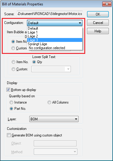 BOM / STYCKLISTA När man skapar en stycklista (BOM - Bill of Materials) visas listan över valbara konfigurationer längst ned till vänster.