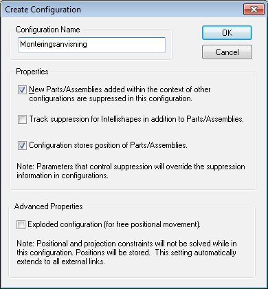 Configuration stores position of Parts/Assemblies. Konfigurationen sparar positionen på parter och sammanställningar.