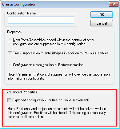 Advanced Properties Exploded configuration (for free positional movement) Används endast för 3D-filer där delarna sitter utplacerade med låsningar (constraints).